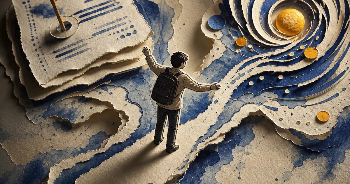 Paper-cut diorama of a student caught between a flagged document and a swirling AI motif, ink-wash indigo and amber