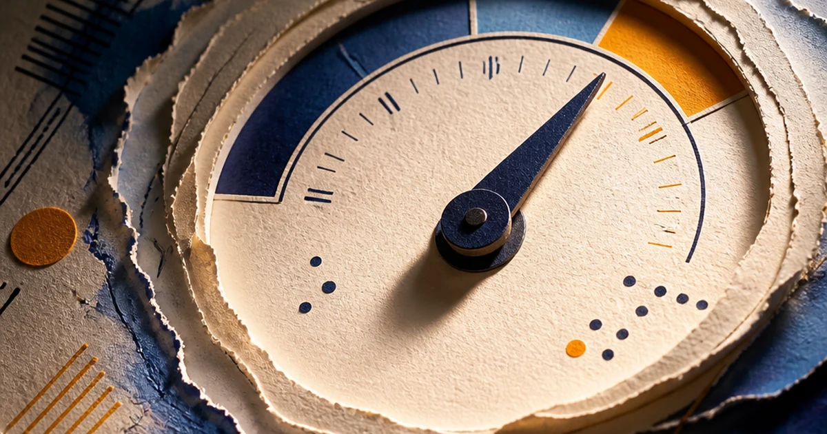 Layered paper-cut diorama of an oversized percentage gauge dial made of torn paper, with ink-wash probability bands radiating outward instead of a single solid fill, representing an AI detection score as a probability rather than a proportion of text