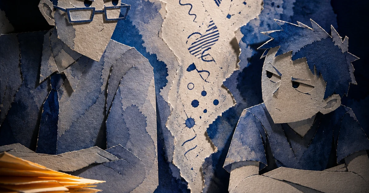 Paper-cut diorama of a teacher and student silhouette eyeing each other suspiciously across a desk, ink-wash squiggles between them