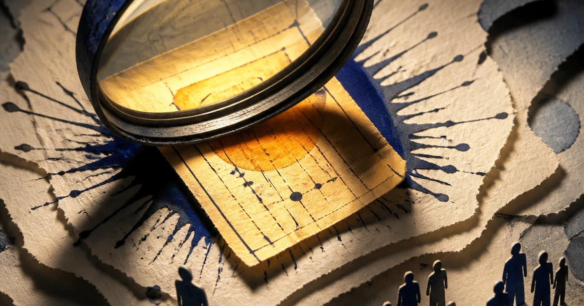Ink-wash paper-cut diorama of a giant magnifying percentage symbol hovering over a single spotlighted manuscript page while a crowd of tiny silhouettes look on, dramatic indigo and amber lighting