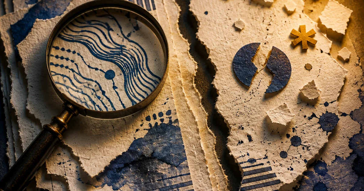 Paper-cut diorama of a torn newspaper page: a magnifying glass reveals wavy perplexity-pattern lines on one half, while a cracked quotation mark and loose asterisk citation mark sit on the other half, indigo and amber ink-wash style.