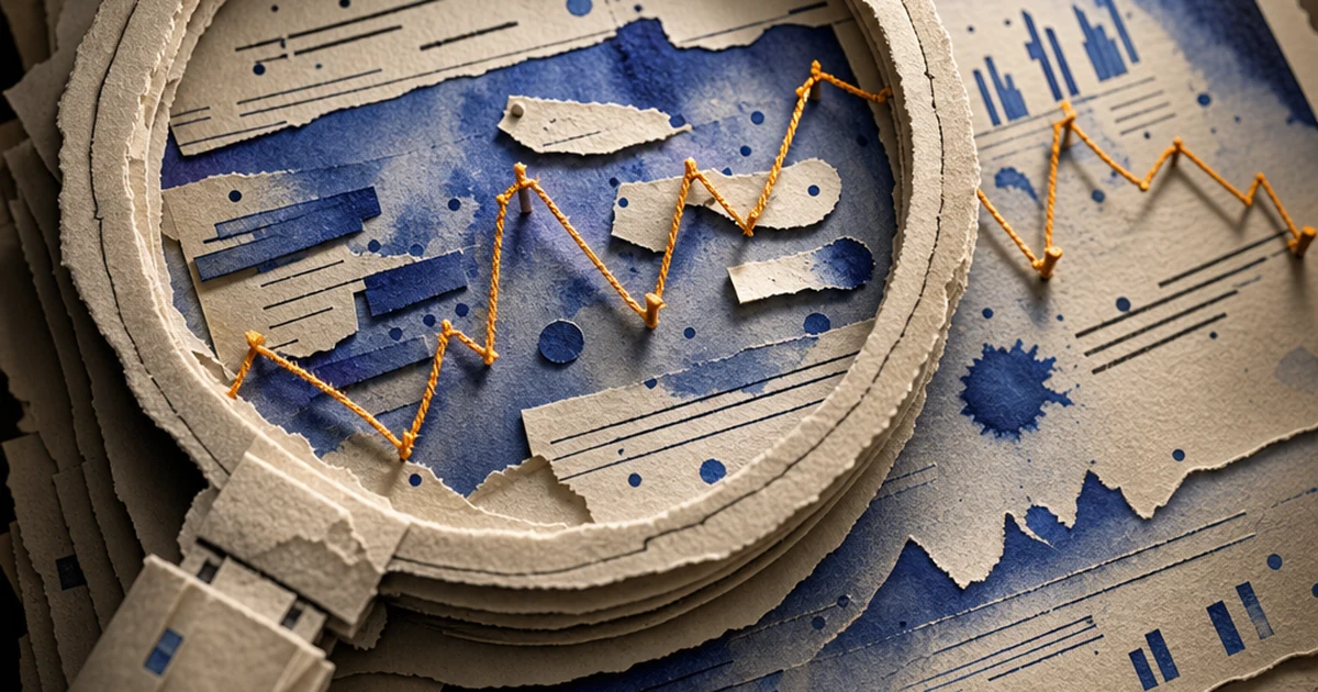 Layered paper-cut illustration of a torn-paper magnifying glass held over indigo ink-wash manuscript pages, an amber thread tracing a jagged sentence-length graph, representing measurable AI-text fingerprints