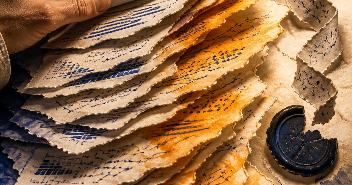 Layered paper-cut diorama of torn scientific manuscript pages fanned in a diagonal spiral under a hand, roughly a third glowing amber to signal AI-written style against the rest in indigo-lined cream paper, with a broken paper citation ribbon and a cracked wax seal beside the stack