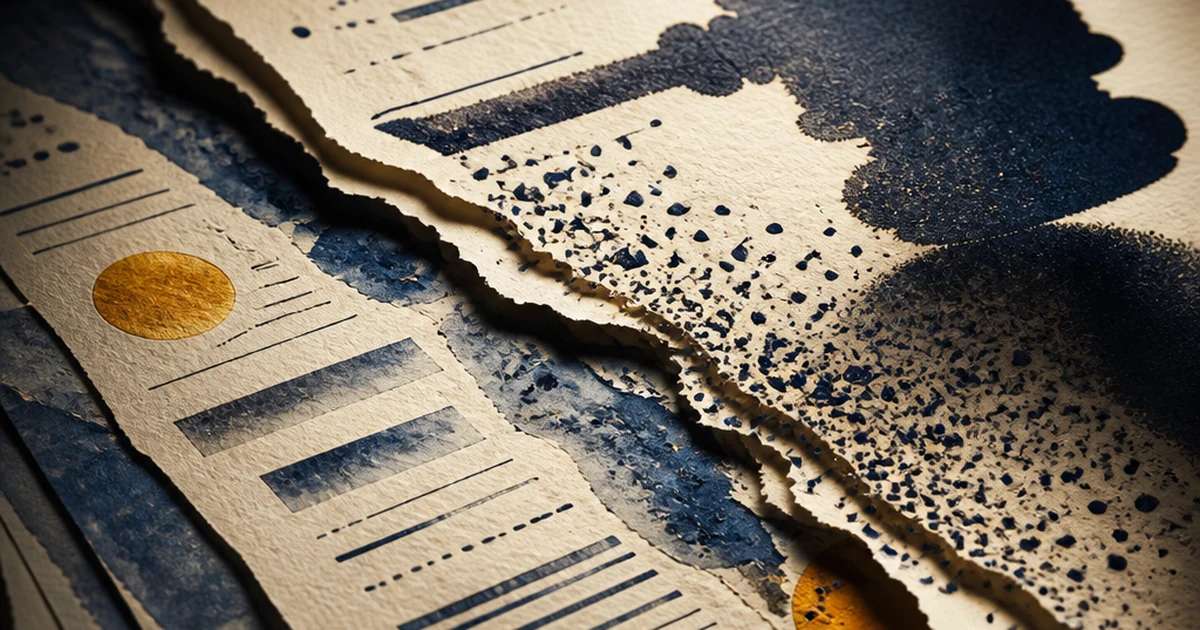 A torn legal document dissolving into scattered ink-wash fragments, its watermark pattern breaking apart across a jagged tear, layered paper-cut diorama style
