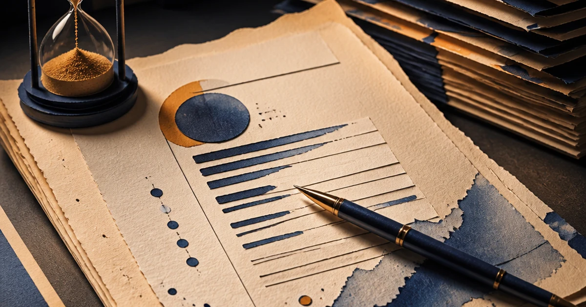 A paper-cut diorama of a hiring manager's desk with a cover letter under an ink-wash spotlight, an hourglass and a stack of resumes nearby