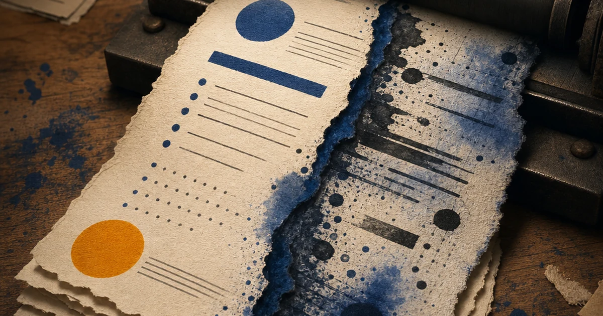 Ink-wash illustration of a torn exam paper passing through a stamping press, half emerging clean and half emerging smudged, symbolizing inconsistent AI-detection outcomes