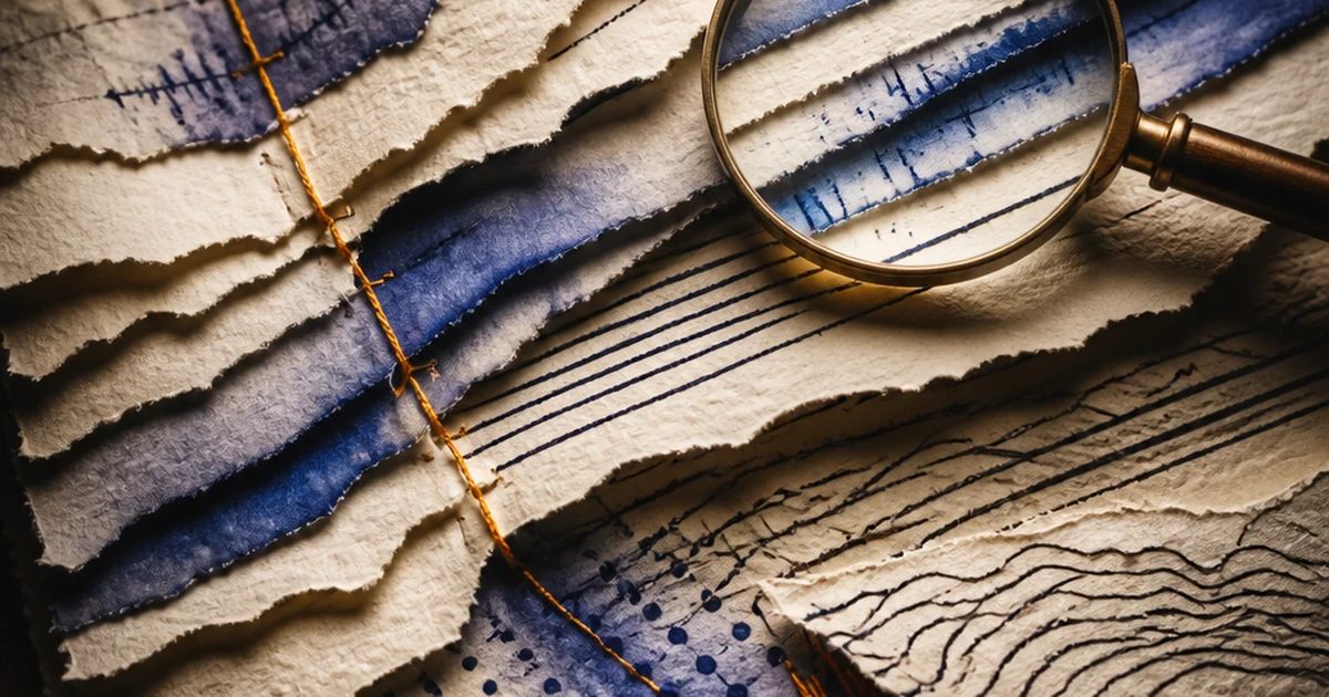 Torn academic paper unfolding into layered paper-cut panels with indigo ink-wash highlighting AI-written sections, a magnifying lens revealing narrow text windows beneath