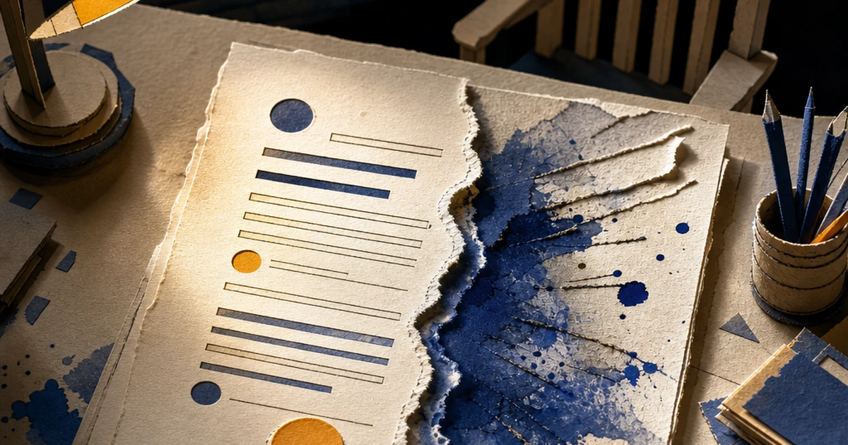 Layered paper-cut illustration of a teacher's desk with a graded essay under a spotlight, one half stamped clean and one half marked with a torn indigo ink tear, representing a detector score used as one signal among several