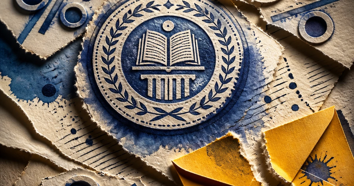 Layered paper-cut diorama of an indigo academic seal with an open book and column motif, surrounded by torn amber envelope fragments and abstract percentage marks, ink-wash style illustration