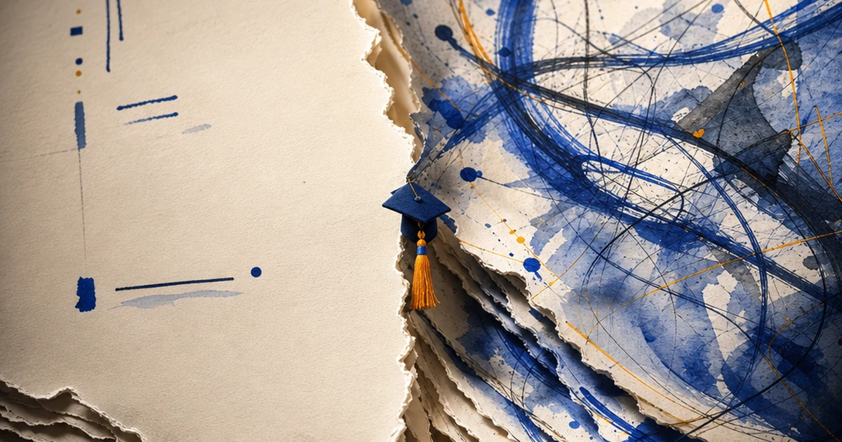 Ink-wash illustration of a torn paper document split down the middle, one half marked with simple red-pen correction strokes and the other half overtaken by dense abstract rewritten marks, symbolizing the line between grammar editing and AI generation