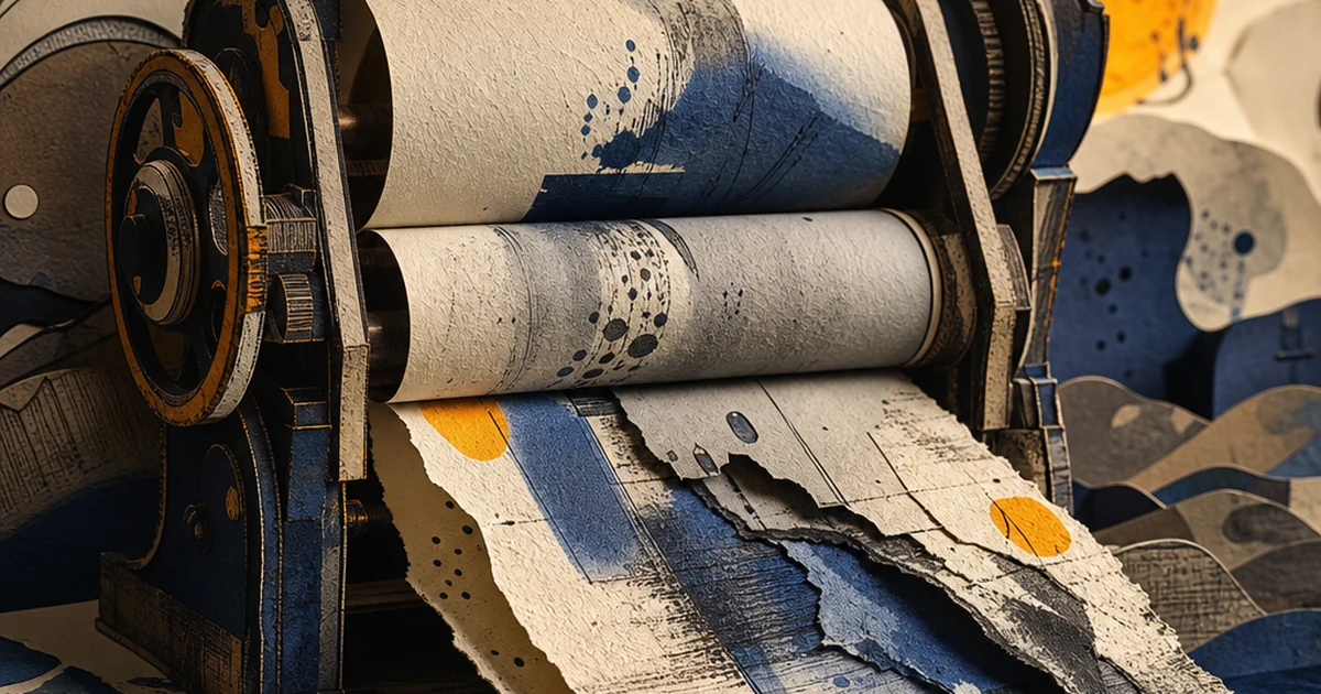 Ink-wash illustration of a smooth machine-printed page passing through a wringer press and coming out crumpled and torn, symbolizing AI text being roughened up by a humanizer tool