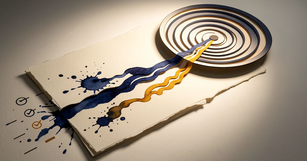 Ink-wash illustration of a torn paper splitting into two diverging streams, one erratic and one perfectly uniform, symbolizing human versus AI writing patterns