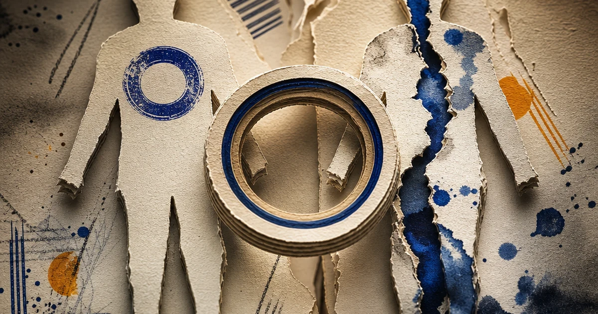 Ink-wash illustration of two paper-cut human silhouettes side by side, one stamped clean and one bleeding indigo ink through a torn seam, representing how AI detectors classify human versus AI-generated text
