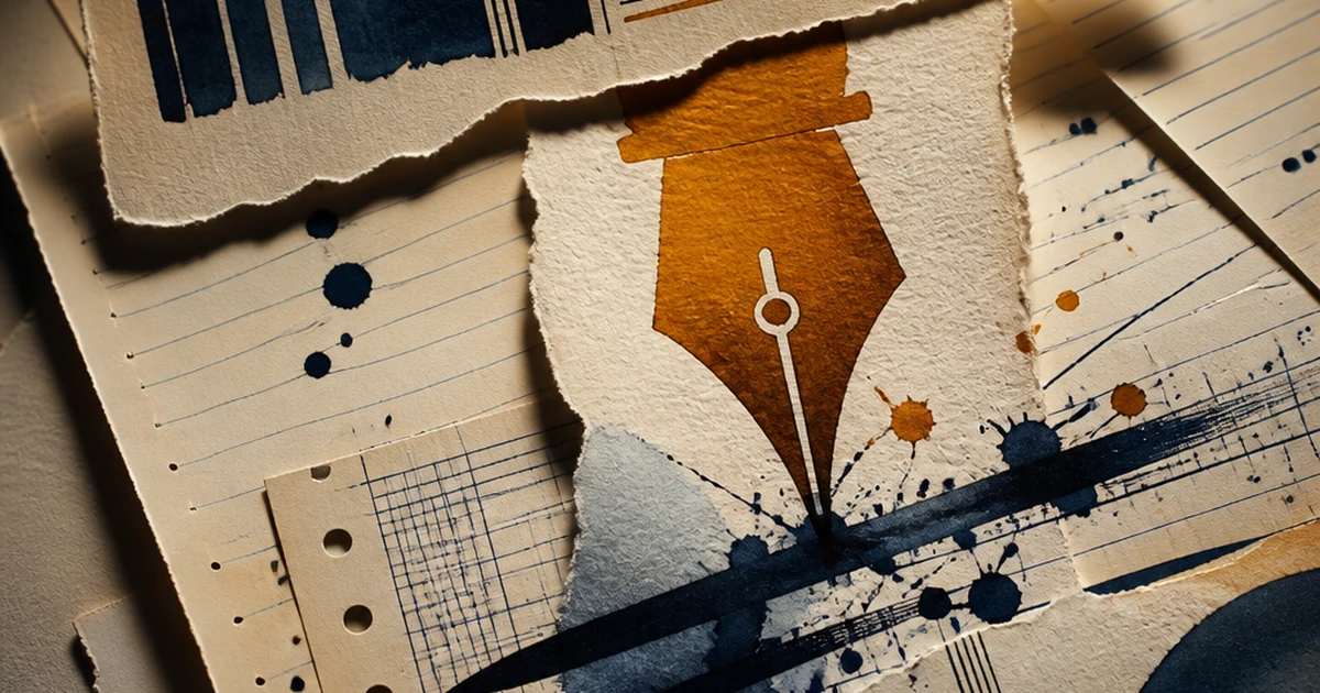 Ink-on-paper style illustration: a torn newspaper masthead and notebook pages with an amber fountain-pen nib bleeding indigo ink over a crossed-out signature line, symbolizing a withheld byline