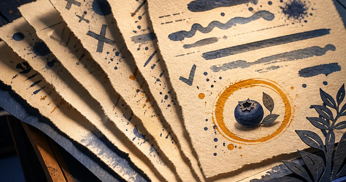 Layered paper-cut diorama of fanned essay papers with an amber-circled blueberry marking a hidden-prompt trap, indigo ink-wash checkmarks and X marks