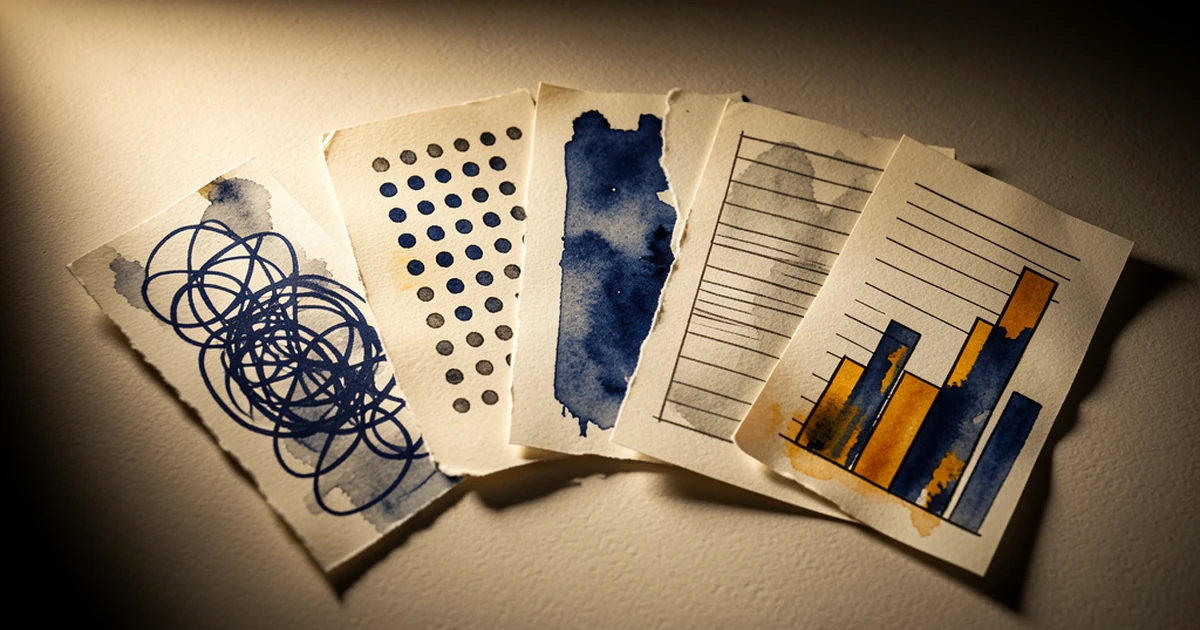 Ink-wash illustration of paper strips fanned out, each revealing a different abstract forensic pattern such as dots, ruled lines, and bar charts, symbolizing patterns in AI-generated writing
