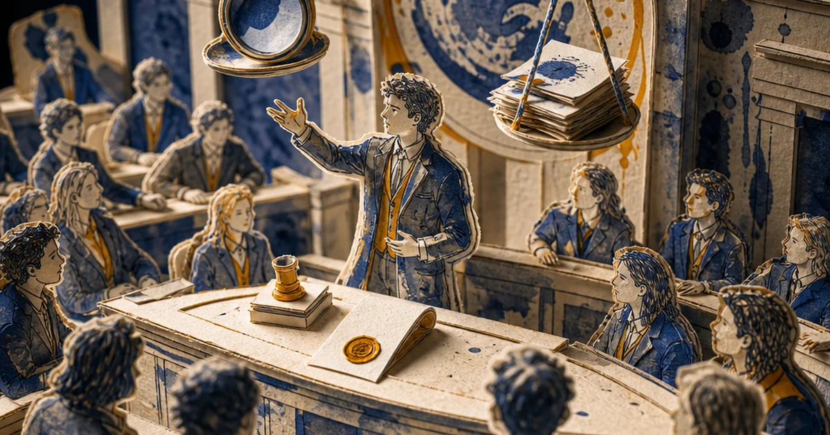 A paper-cut diorama of teen delegates in a Boston senate chamber replica, one gesturing mid-speech beside a wax-sealed scroll and a hovering balance scale weighing a magnifying lens against graded papers