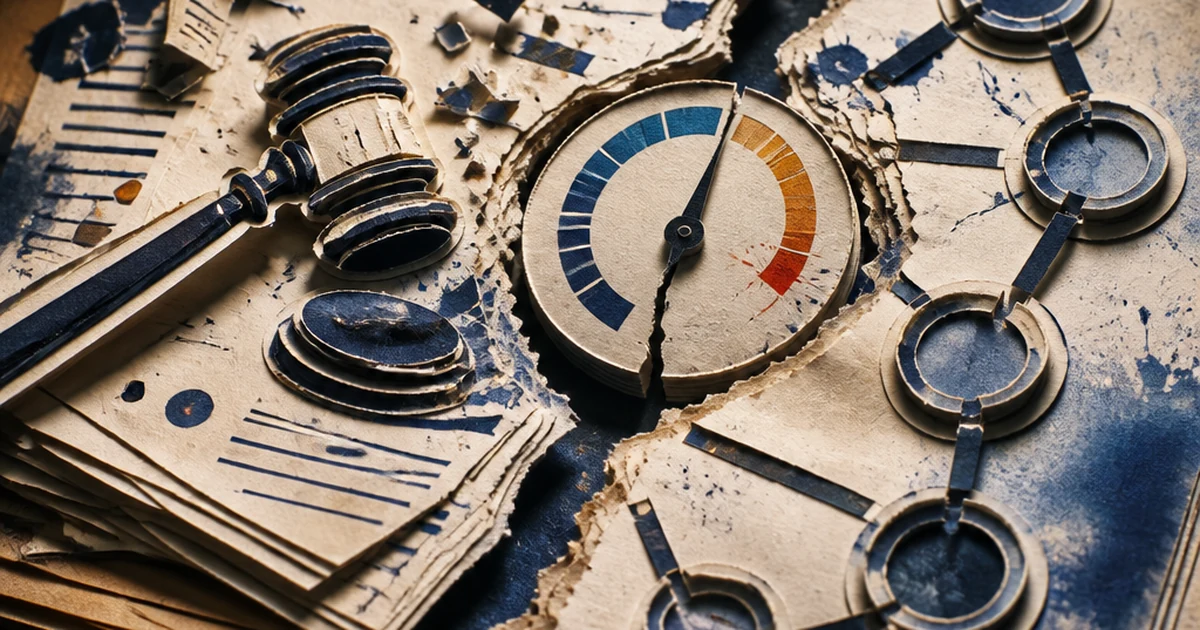 A torn disciplinary file split apart in a paper-cut diorama, one half dissolving into court-gavel fragments and case pages, the other into a broken appeal-chain diagram, with a cracked AI-detector gauge caught between them