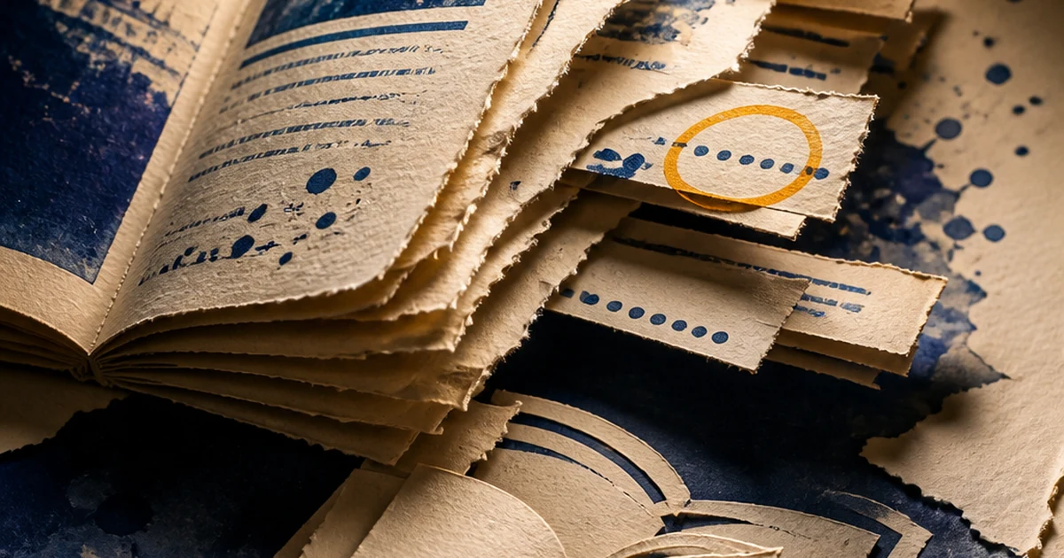 Paper-cut diorama of a torn encyclopedia page with citation fragments, one circled in amber to mark an unverified claim