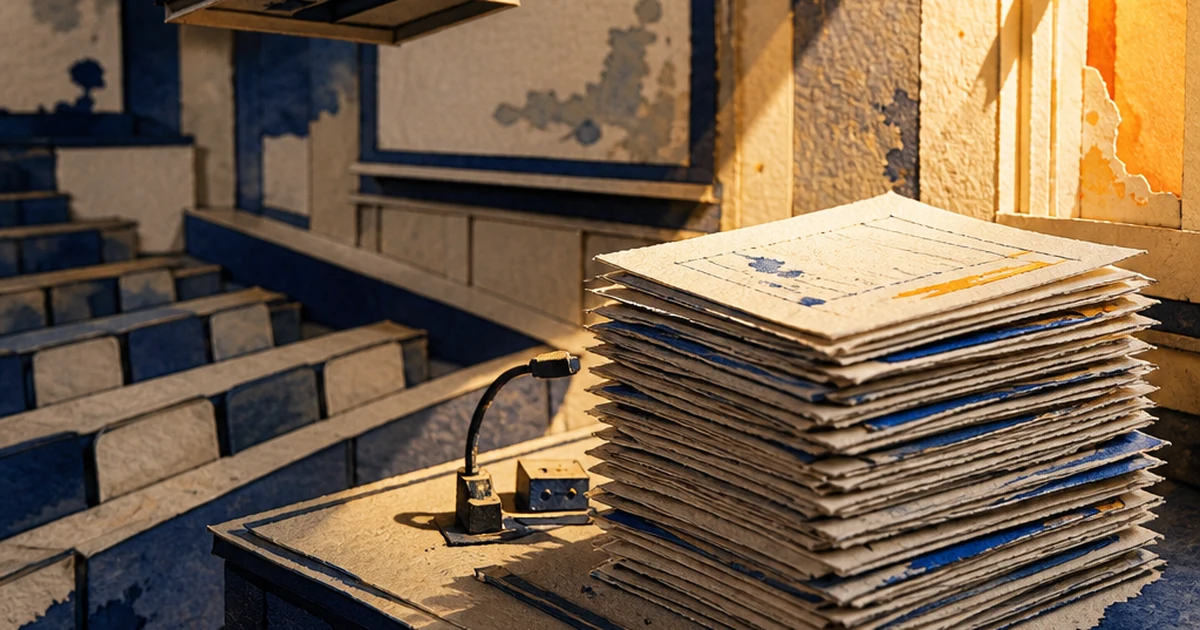 A paper-cut diorama of an empty lecture hall with a dark switched-off scanner light fixture above a spotlighted stack of handwritten blue-book exam booklets
