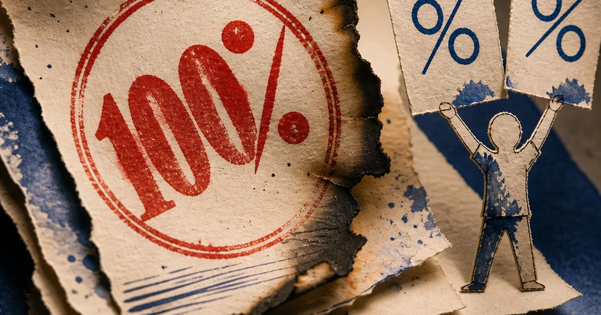 Layered paper-cut diorama of a torn essay page pinned beneath an oversized red exclamation-marked percentage stamp, with ink-wash worry lines radiating outward and a small magnifying glass-free figure examining scattered sentence fragments below