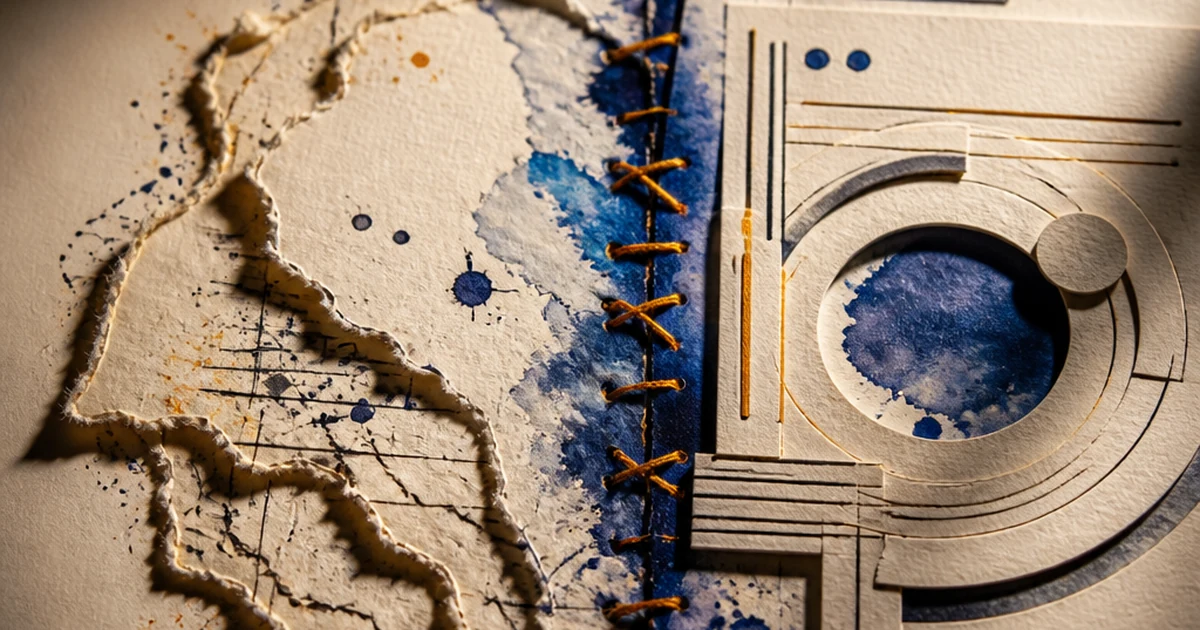 A torn paper-cut diorama split between a rough unpolished manuscript fragment and a smooth, spotlighted polished document fragment, representing the detection gap between raw and instruction-tuned AI writing.